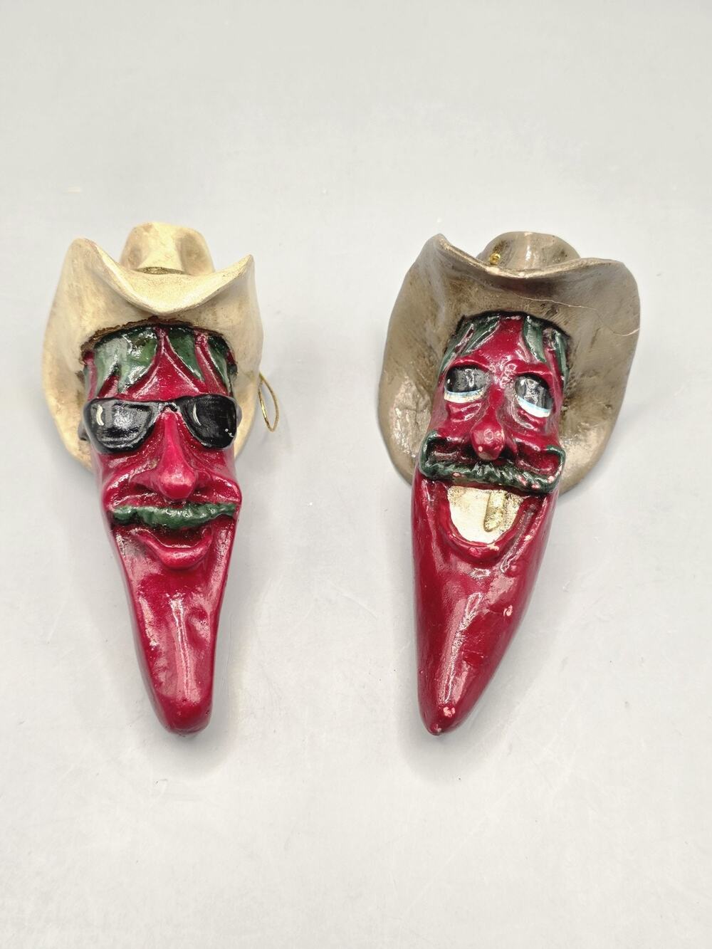 Vintage 1992 RAZ Imports Chili Pepper Cowboy Christmas Ornaments Pair Lot